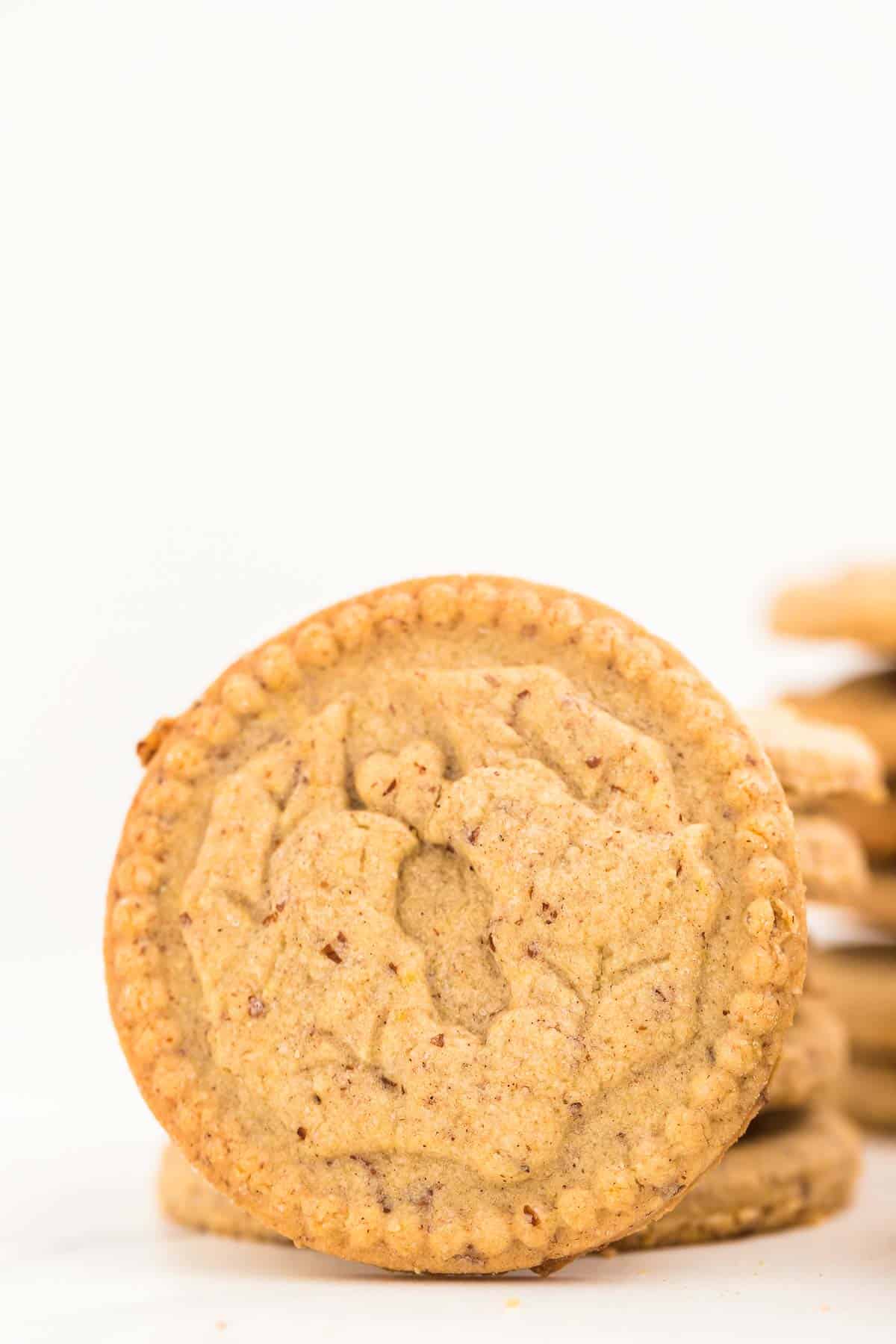 A closeup of a round, stamped Spekulatius Cookie (German Spiced Cookie).
