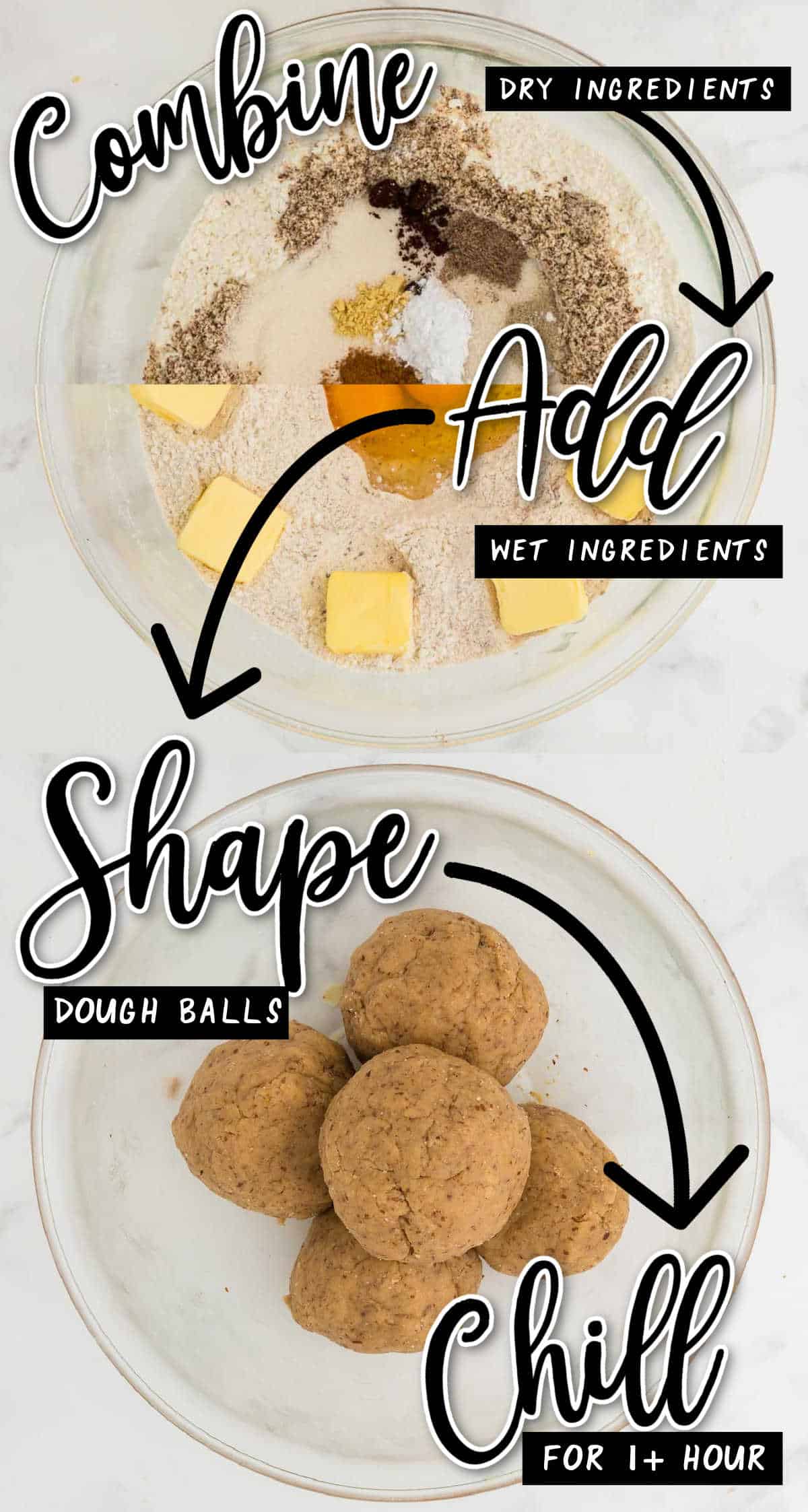 Step: Combine wet and dry ingredients + STEP: Shape into 4-5 medium dough balls