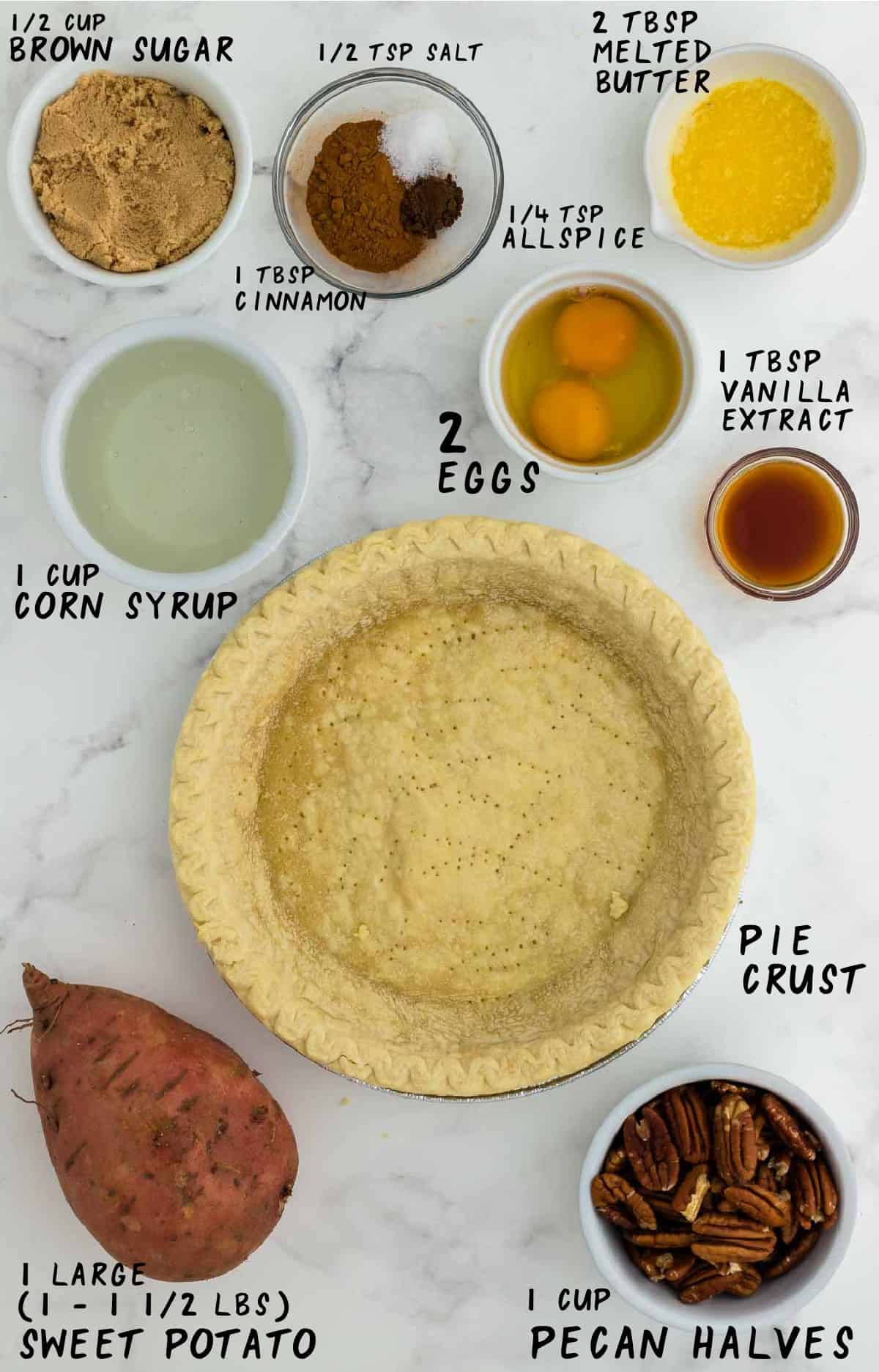 Ingredients needed to make Sweet Potato Pecan Pie.
