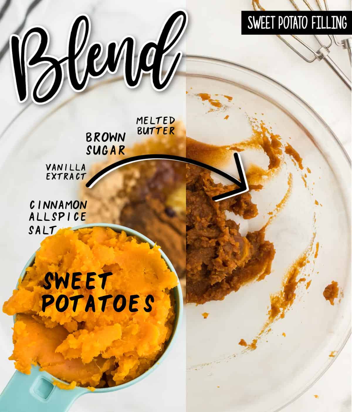 Step: Blending ingredients for the sweet potato filling.