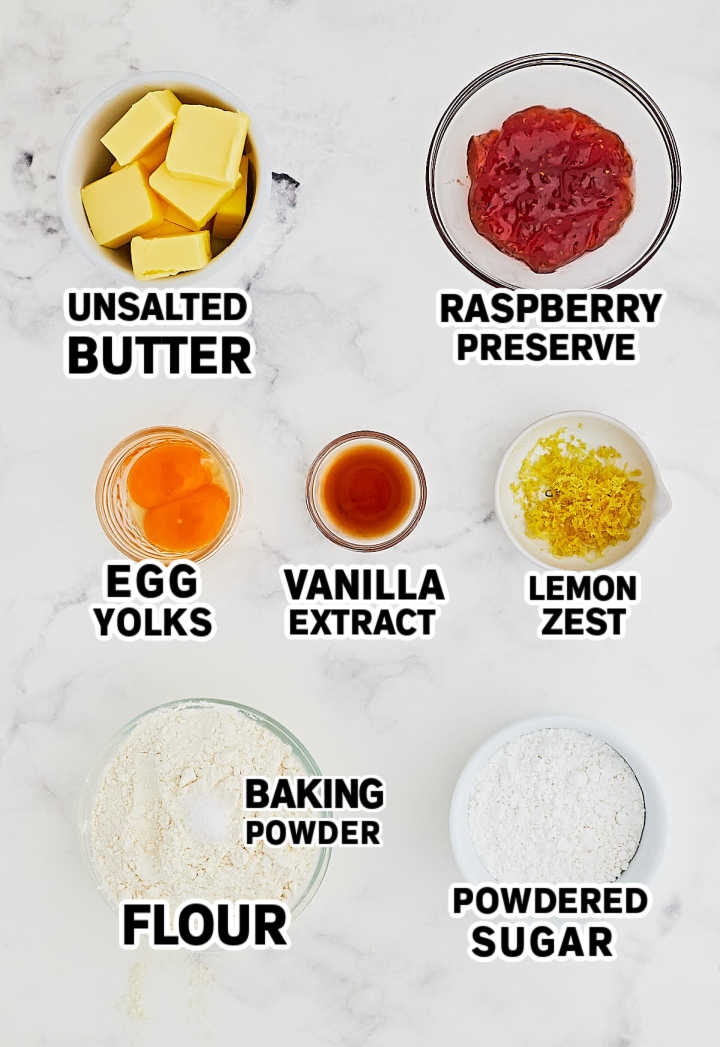 Ingredients needed to make Thumbprint Cookies.