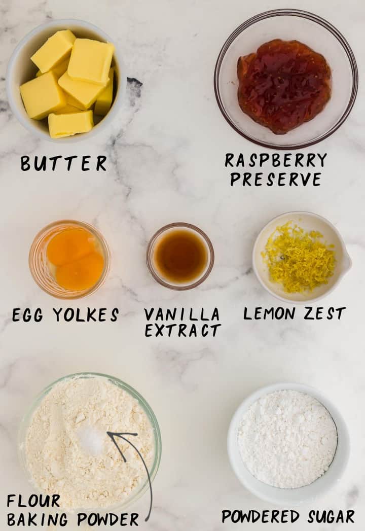 Ingredients needed to make thumbprint cookies