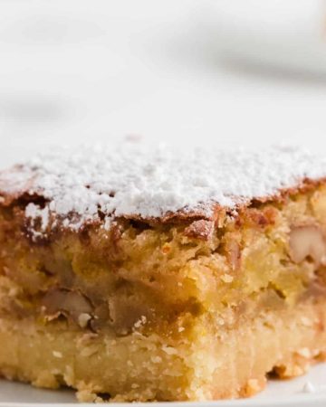 a slice of freshly baked apricot bars dusted with powdered sugar