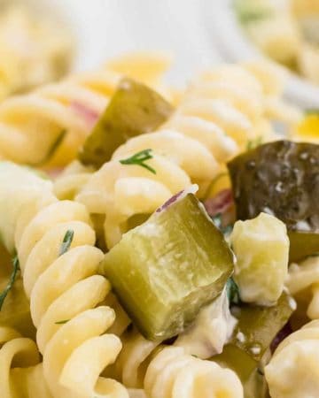dill pickle pasta salad (close up)
