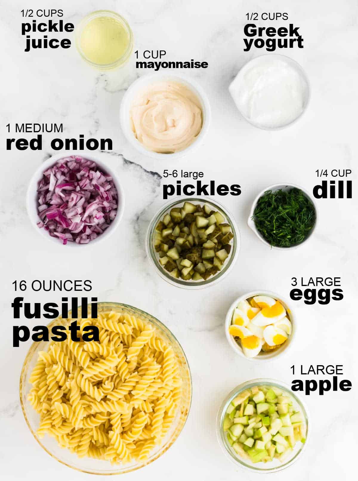 Ingredients needed to make Dill Pickle Pasta Salad