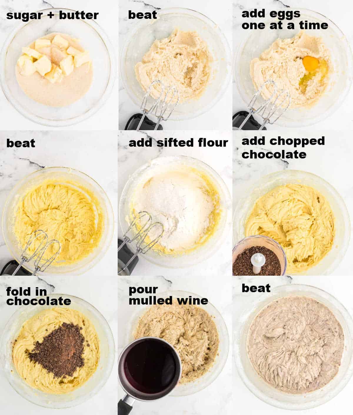 Step-by-step ingredients how to make the Mulled Wine Cake batter.