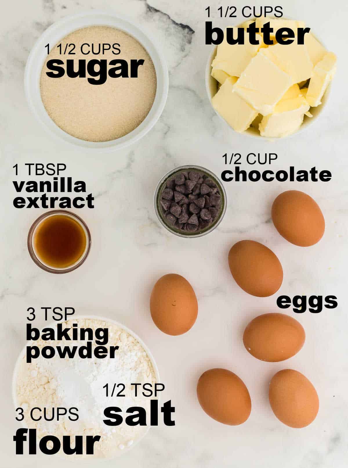 Ingredients needed to make Chocolate and Mulled Wine Pound Cake Batter