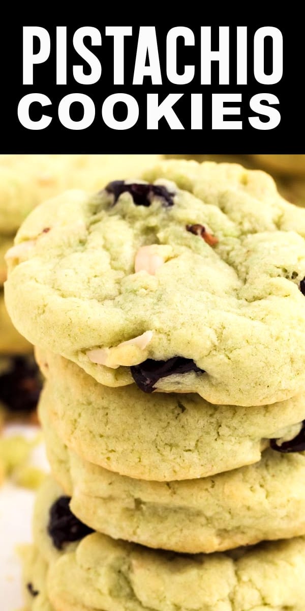 Pistachio Cookies are filled with pistachio pudding, dried cherries, and almonds. Crispy on the outside and deliciously chewy on the inside. Easy Pistachio Cookies | Pistachio Pudding Recipe | Cookies With Dried Cherries | Favorite Holiday Cookies #cheerfulcook #cookies #pistachio #cherry #recipe #easy ♡ cheerfulcook.com via @cheerfulcook