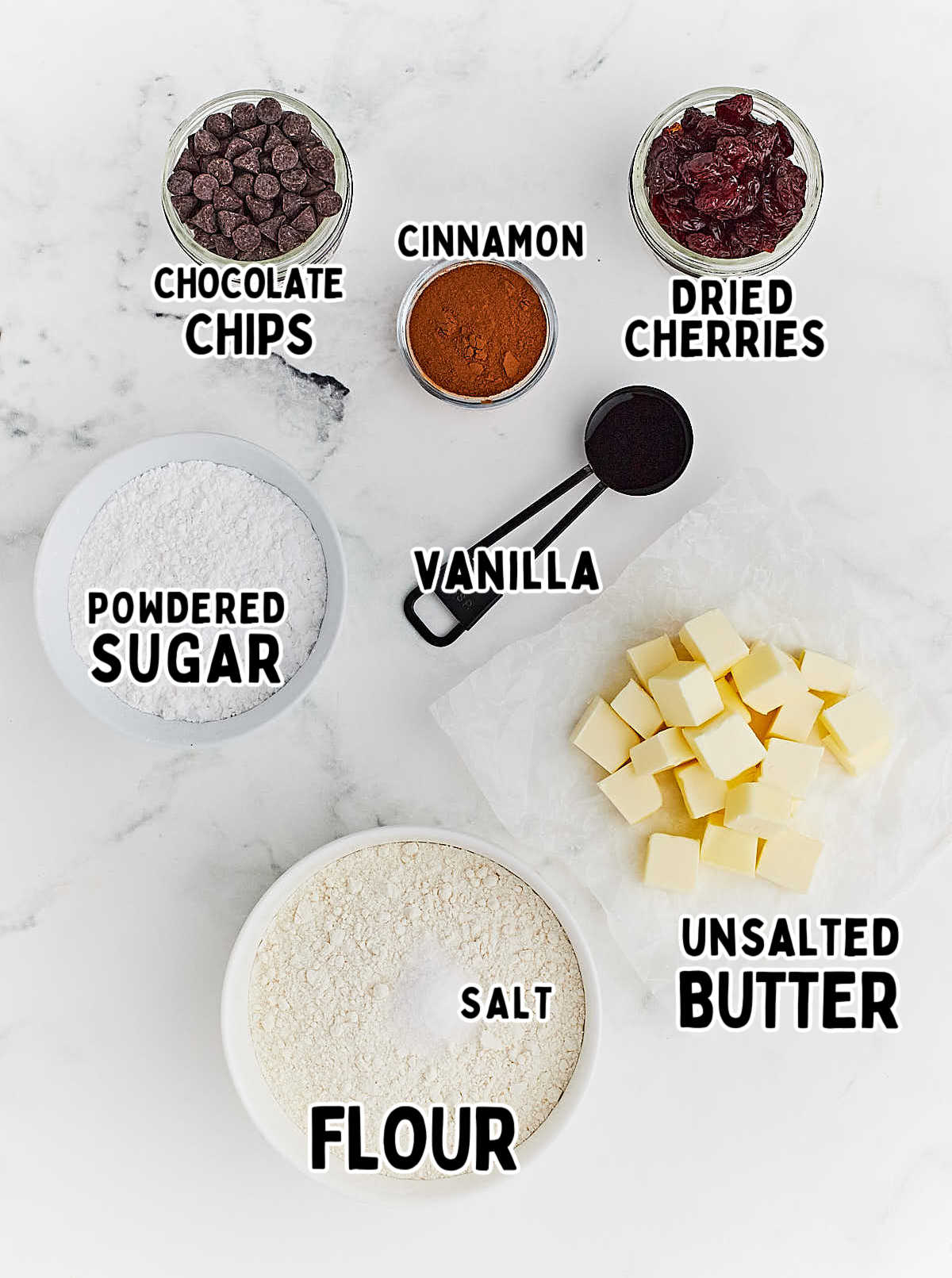 Ingredients needed to make Butterball Cookies.