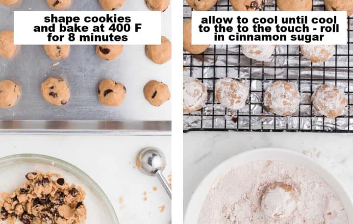 STEP - bake for 8 minutes at 400 F - STEP - Cook for 5 minutes, roll in cinnamon sugar