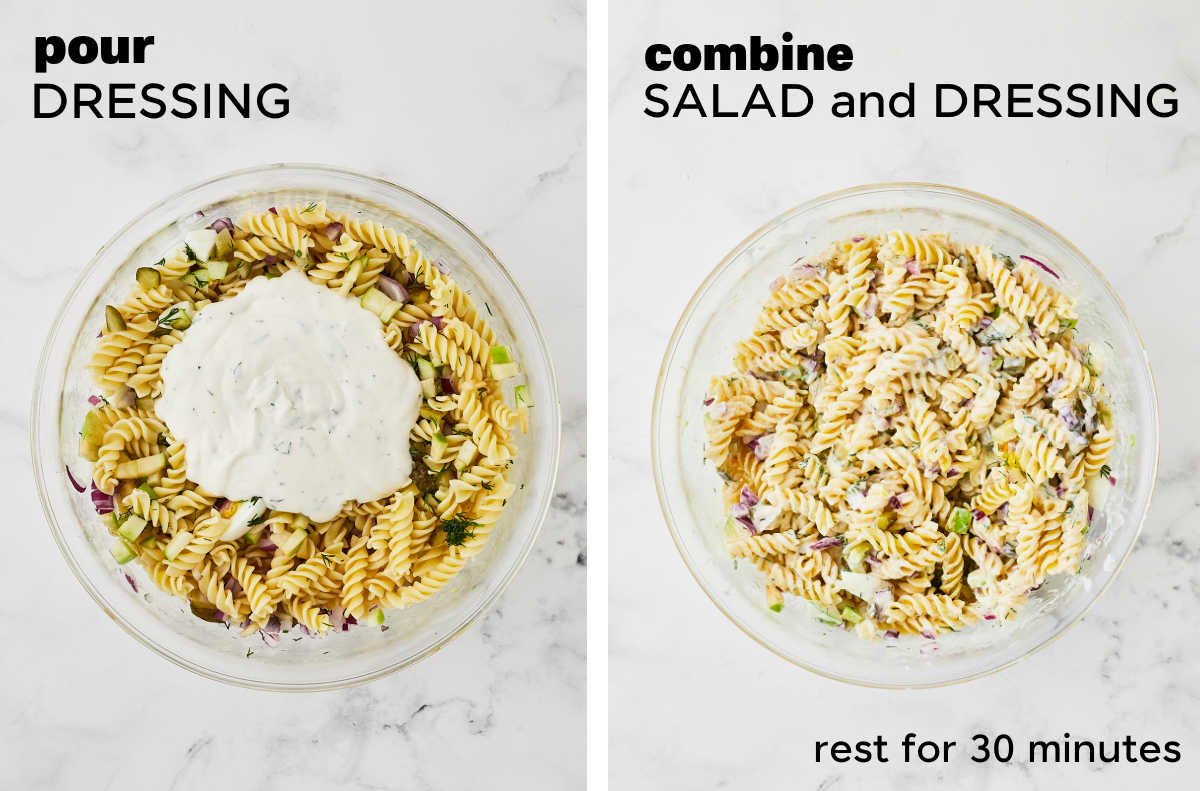 Step: Pour Dressing over the Salad and combine well + STEP: Allow salad to rest for 30 minutes.