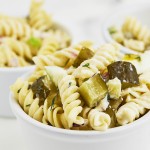 Dill Pickle Pasta Salad in a white bowl.