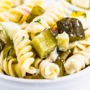 Dill pickle pasta salad (close up).