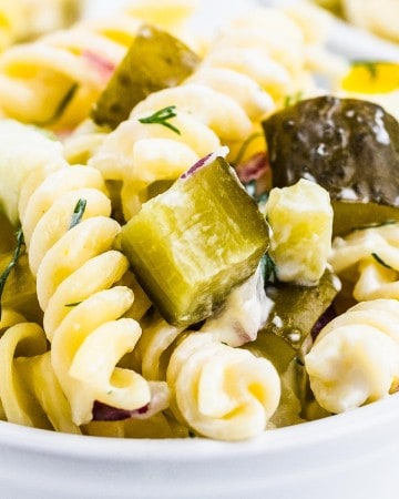 dill pickle pasta salad (close up)