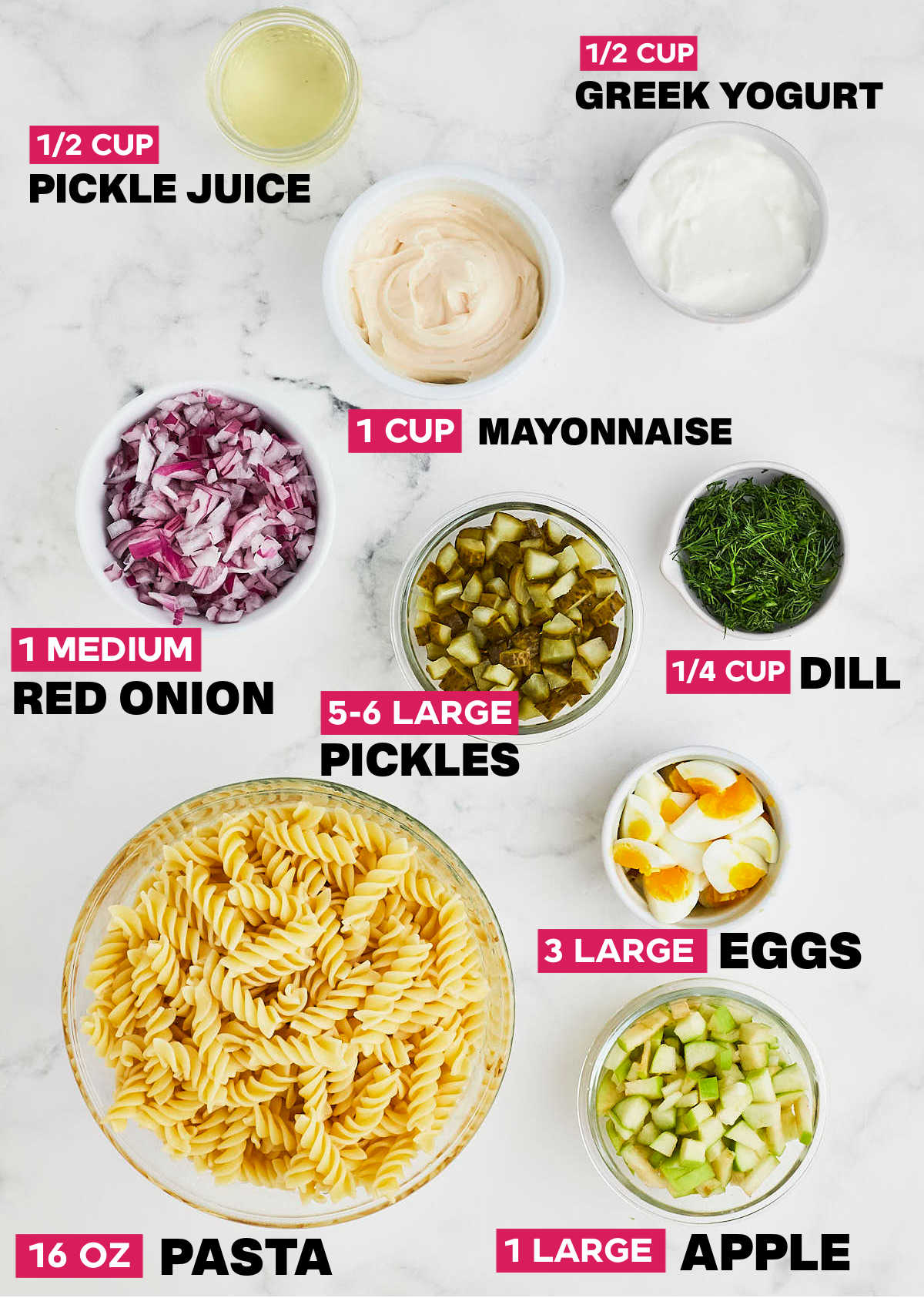Ingredients needed to make Dill Pickle Pasta Salad.