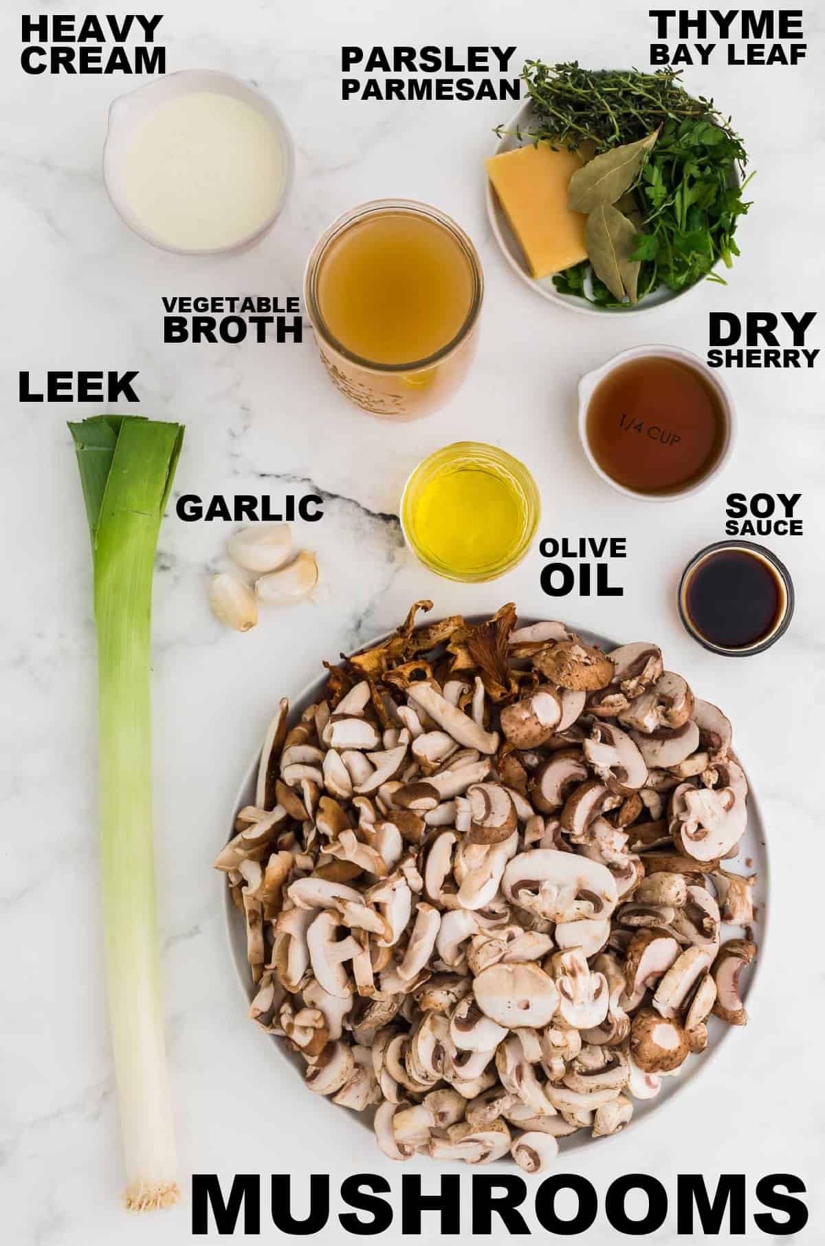 Ingredients needed to make Mushroom Soup.