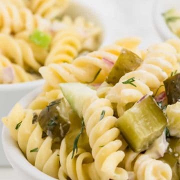 Freshly made Dill Pickle Pasta Salad in a white bowl