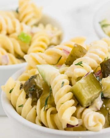 Freshly made Dill Pickle Pasta Salad in a white bowl