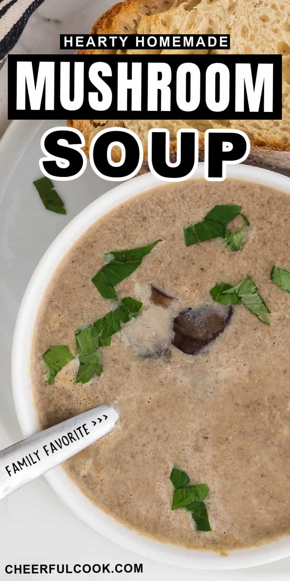 This homemade Mushroom Soup is jam packed with the hearty flavors of fresh and dried mushrooms. And it's perfect for cold days. Add a slice or two of toasted baguette and you'll have a delicious lunch or light dinner. #cheerfulcook #mushroomsoup #entree #recipe #mushroom #hearty #easy #best via @cheerfulcook
