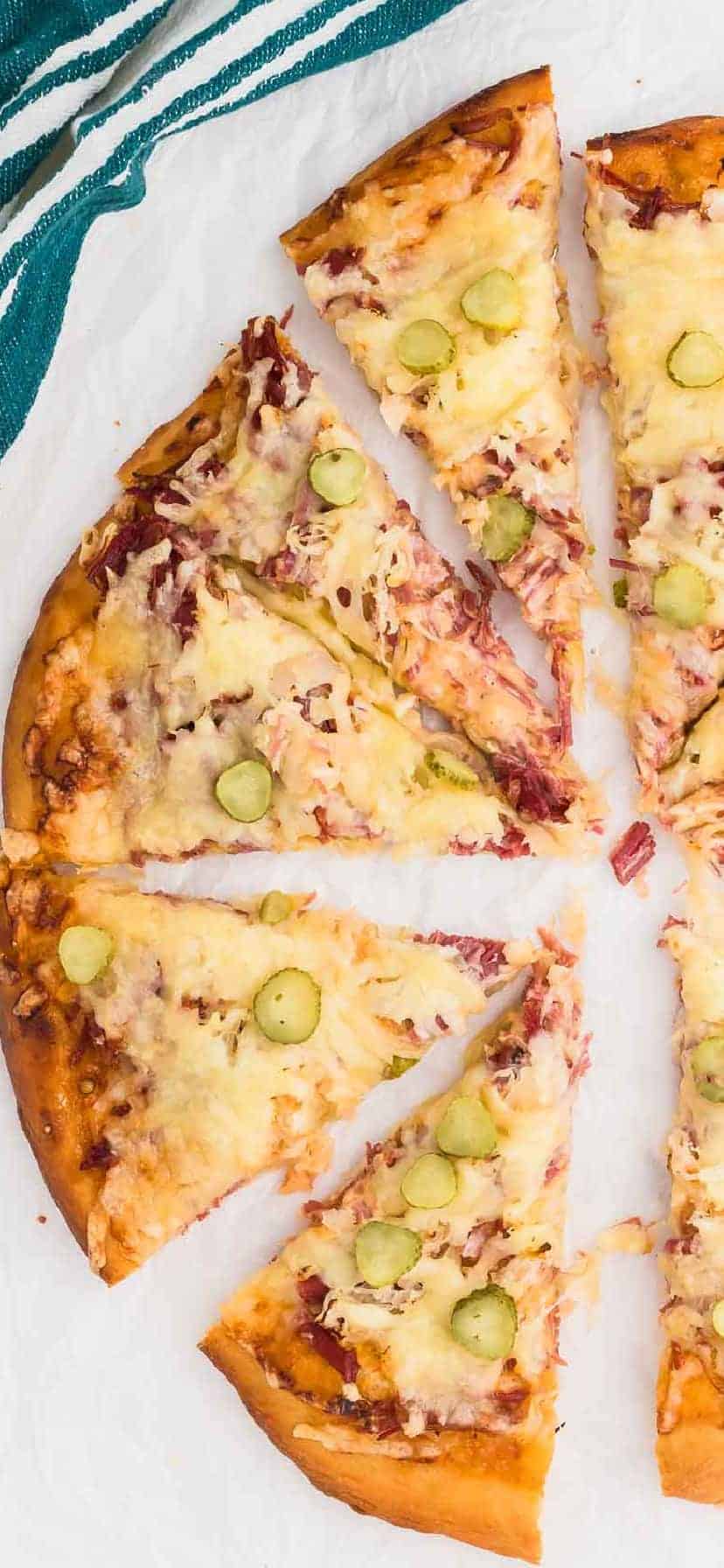 Homemade Reuben pizza slices
