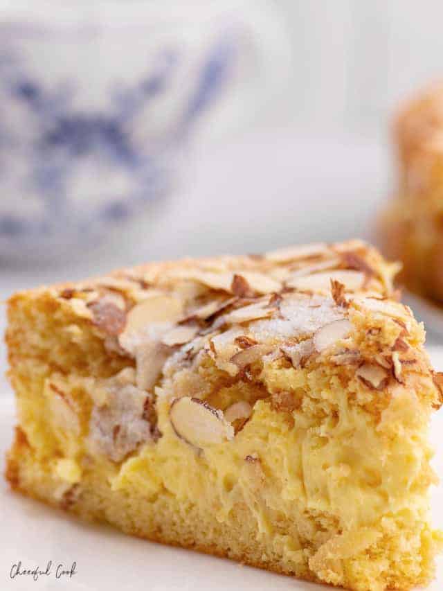 a closeup slice of bee sting cake (Bienenstich)