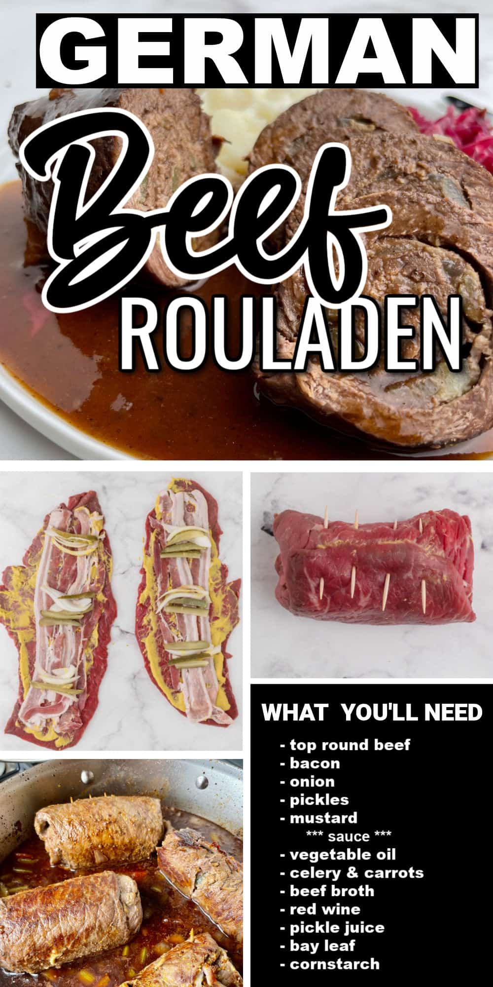 Mouthwatering and tender Beef Rouladen (German Rinderrouladen) are filled with bacon, pickles, onions, and mustard. Cooked to perfection and served in a delicious gravy. #cheerfulcook #rouladen #german #recipe cheerfulcook.com via @cheerfulcook