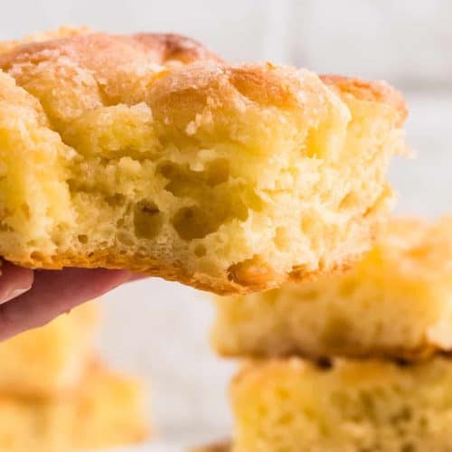 A slice of freshly baked Butterkuchen (German butter cake).