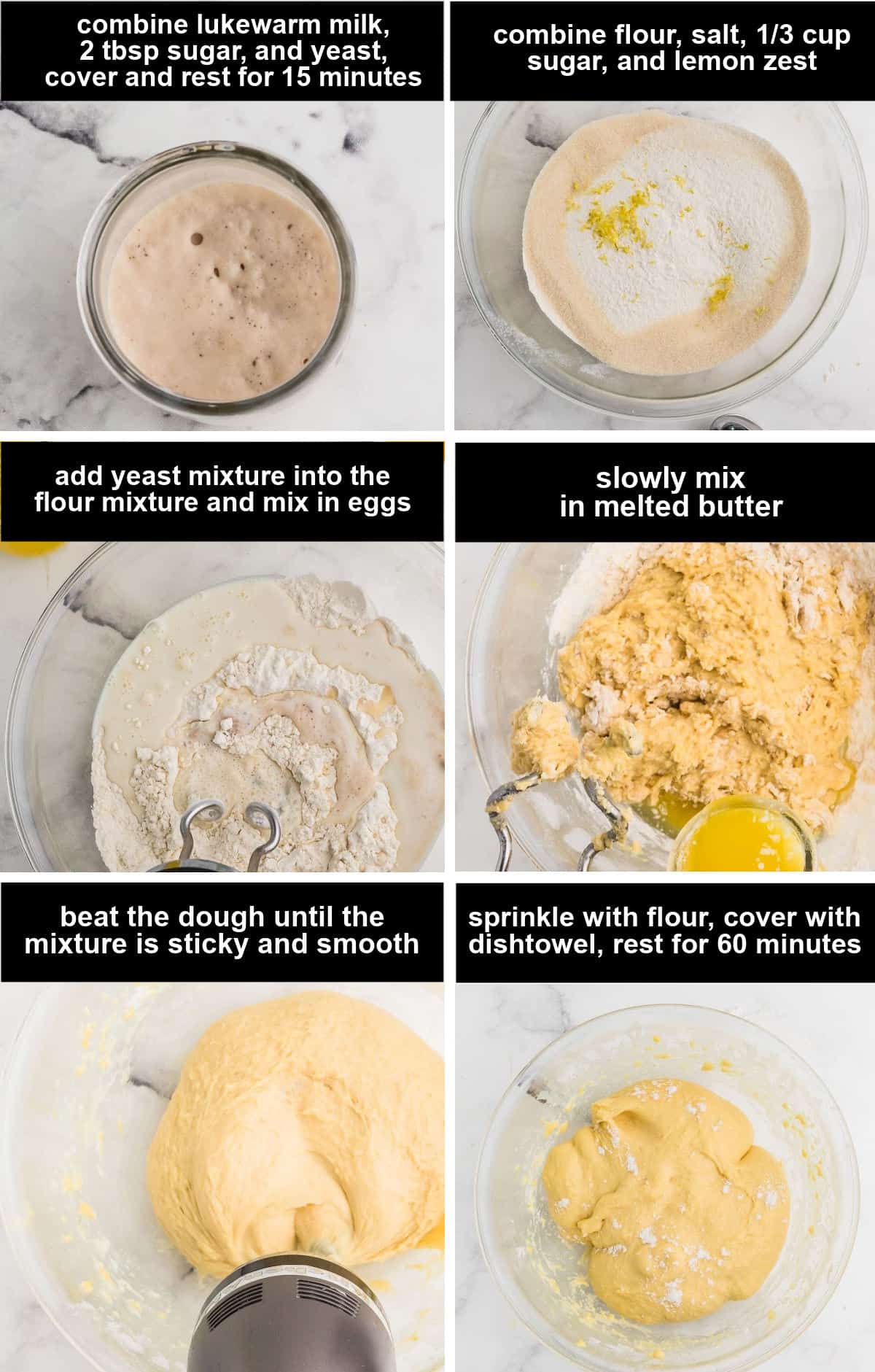 collage of images showing the steps how to make the yeast dough for the German Butterkuchen (butter cake)