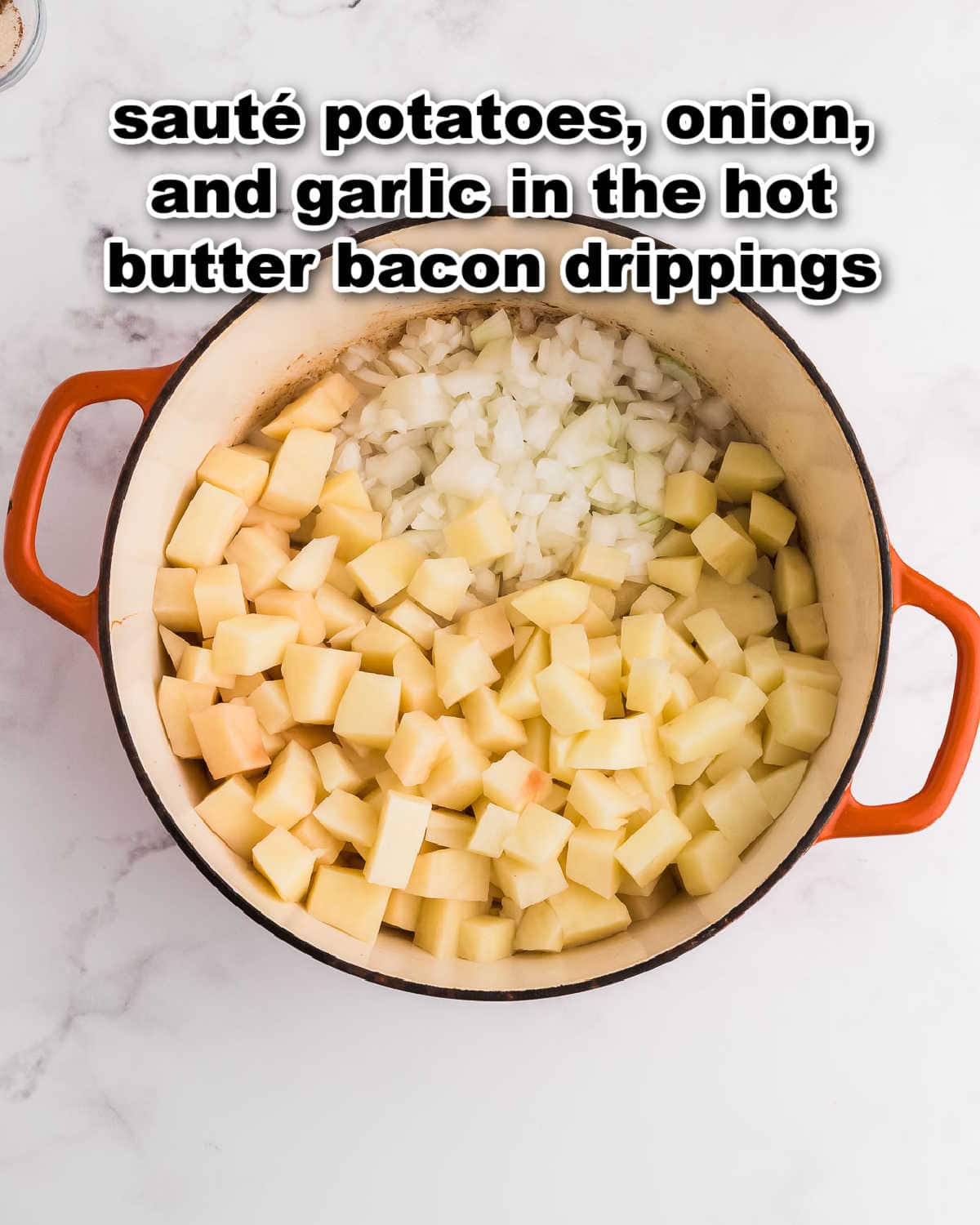 Step: Add onion, garlic, and potatoes.