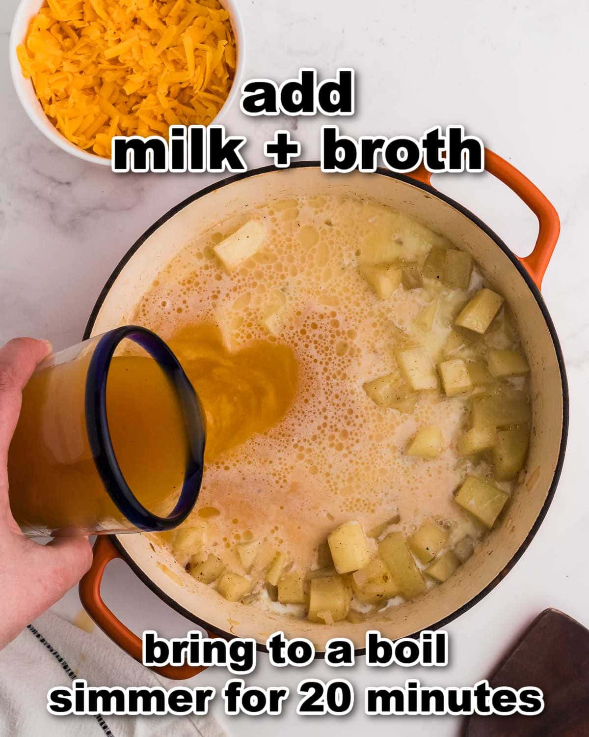 Step: Add broth and milk.