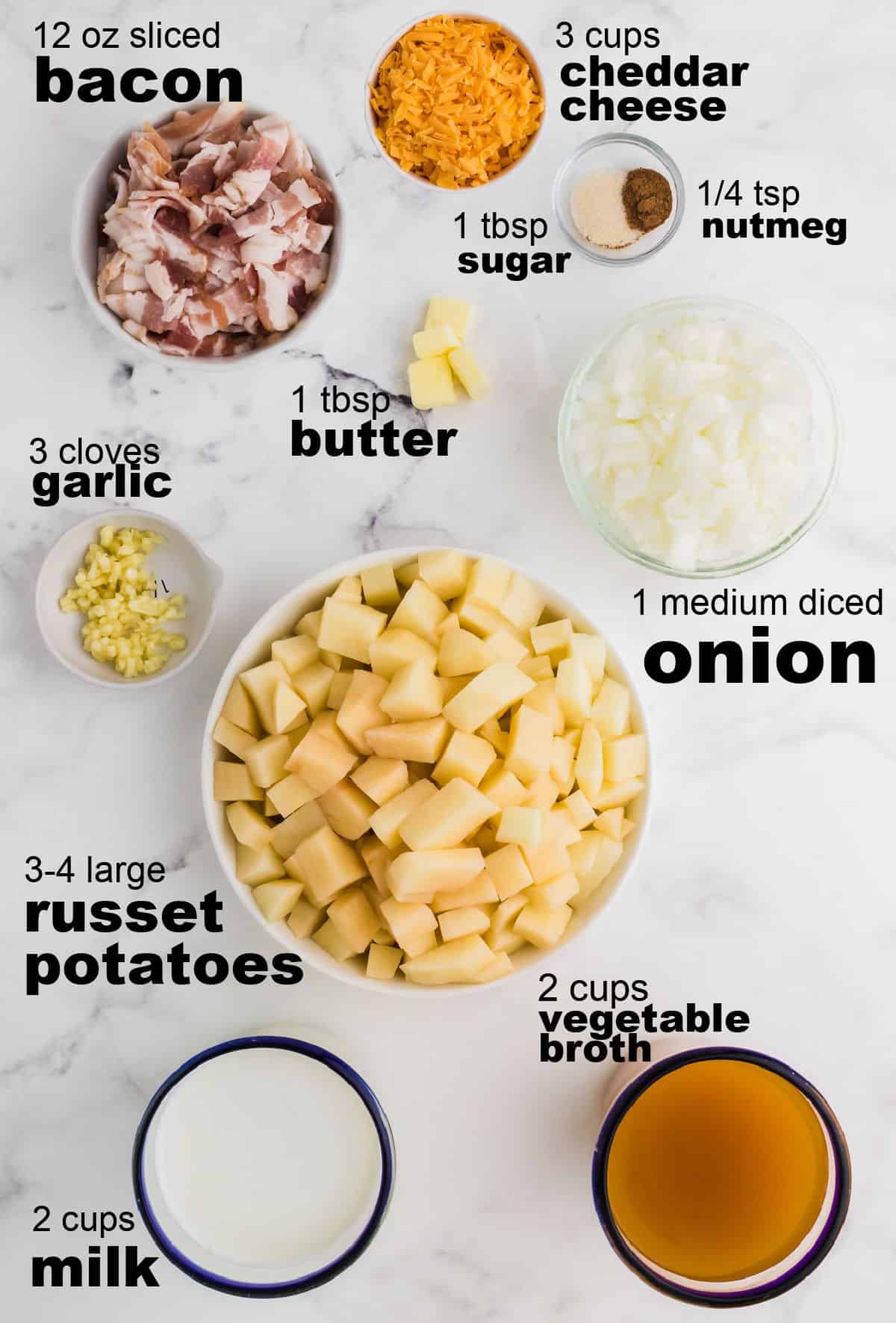 Ingredients needed to make Old-Fashioned Potato Soup.