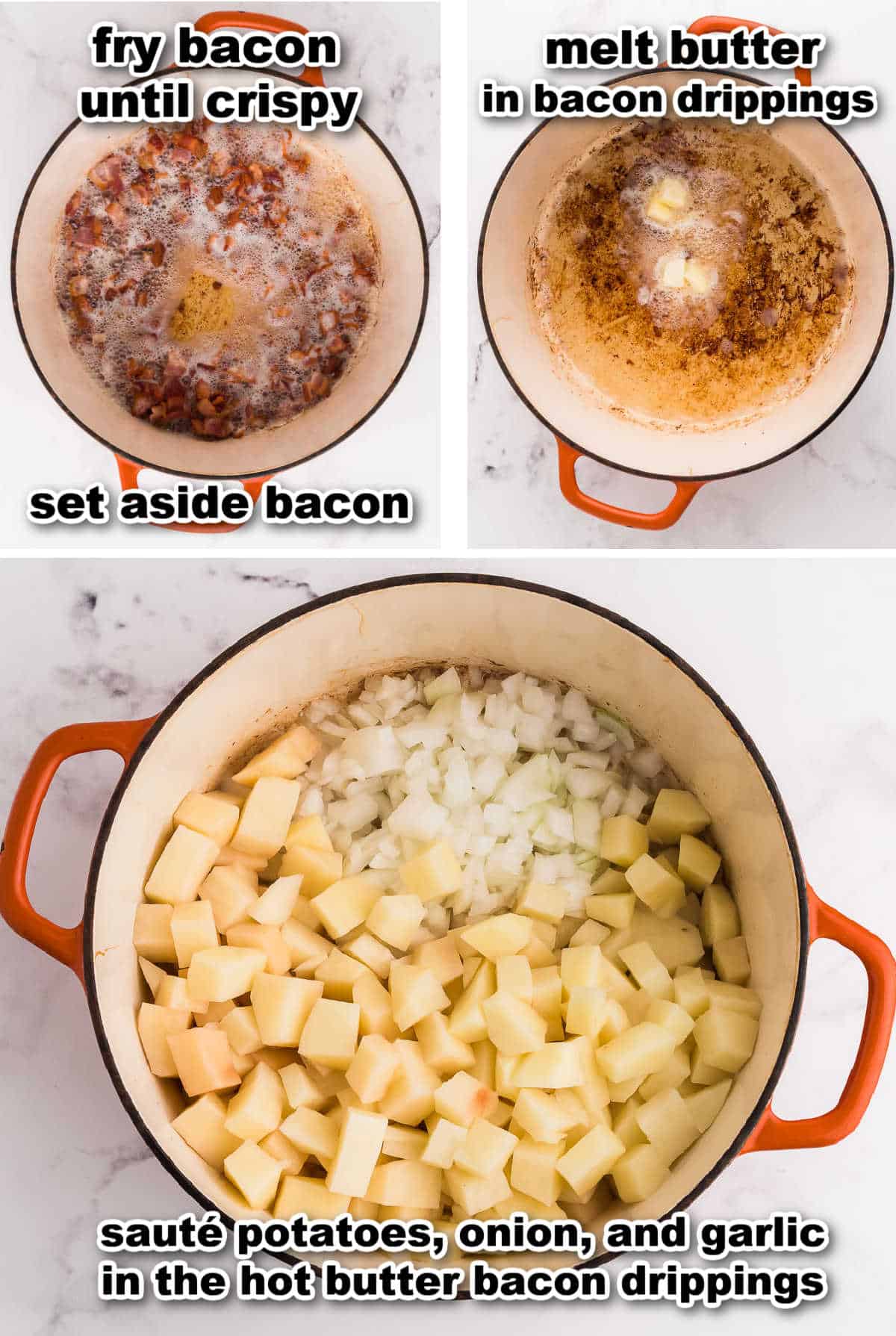 collage of images, frying bacon and sautéing the potatoes, onions, and garlic