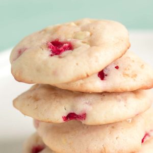 a stack of strawberry cheesecake cookies