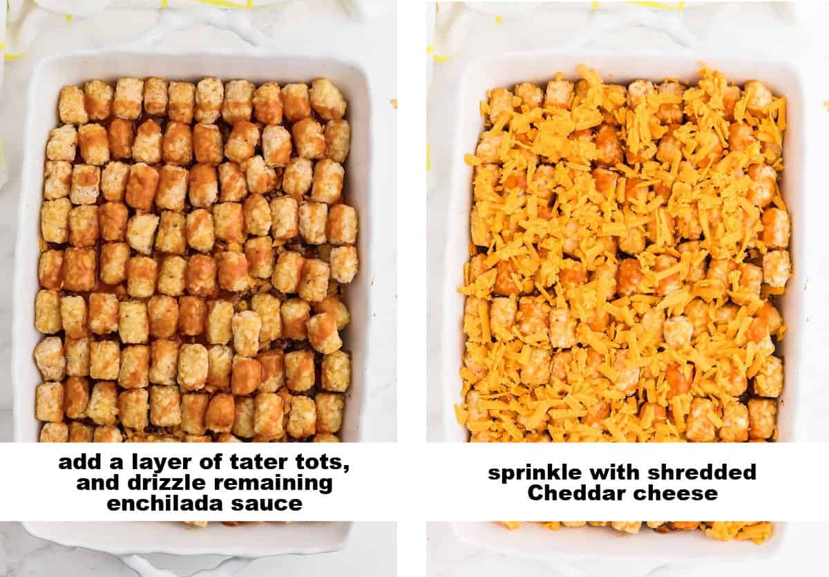 collage of images showing how the final steps how to make taco tater tot casserole