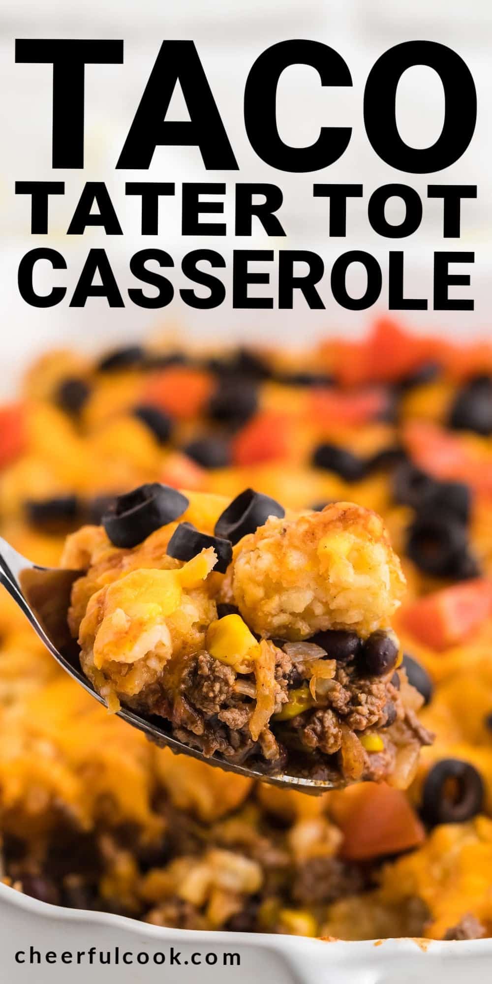 This Taco Tater Tot Casserole combines ground beef with classic Mexican flavors and is topped with yummy cheese. Perfect for all year long, but especially for Cinco De Mayo. Simple Taco Tater Tot Casserole Recipe | Oven Baked Tater Tot Beef Casserole #cheerfulcook #casserole #beef #recipe #tatertot via @cheerfulcook