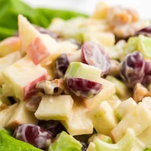 a closeup of a freshly made Waldorf Salad with Candied Walnuts
