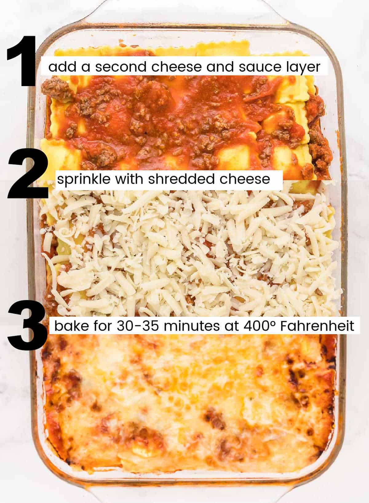 steps showing how to layer the lazy lasagna 