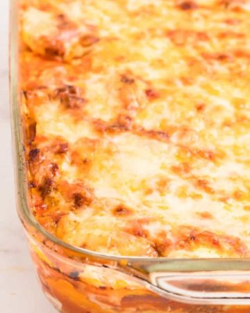 baked Lazy Lasagna in a glass casserole dish fresh out of the oven