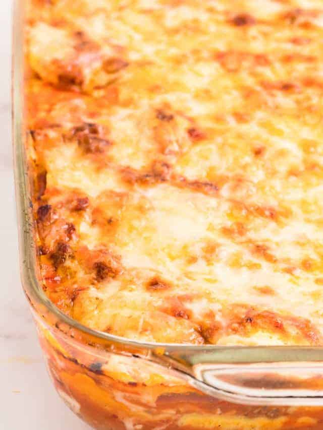 baked Lazy Lasagna in a glass casserole dish fresh out of the oven