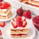 A slice of Strawberry Tiramisu served on a white plate.