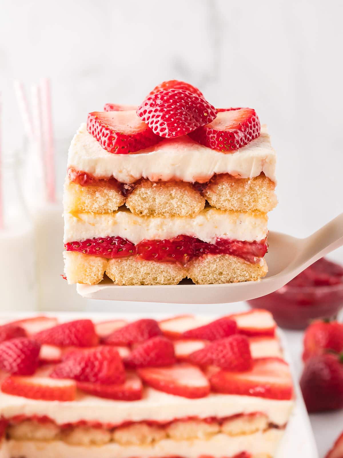 A slice of Strawberry Tiramisu.