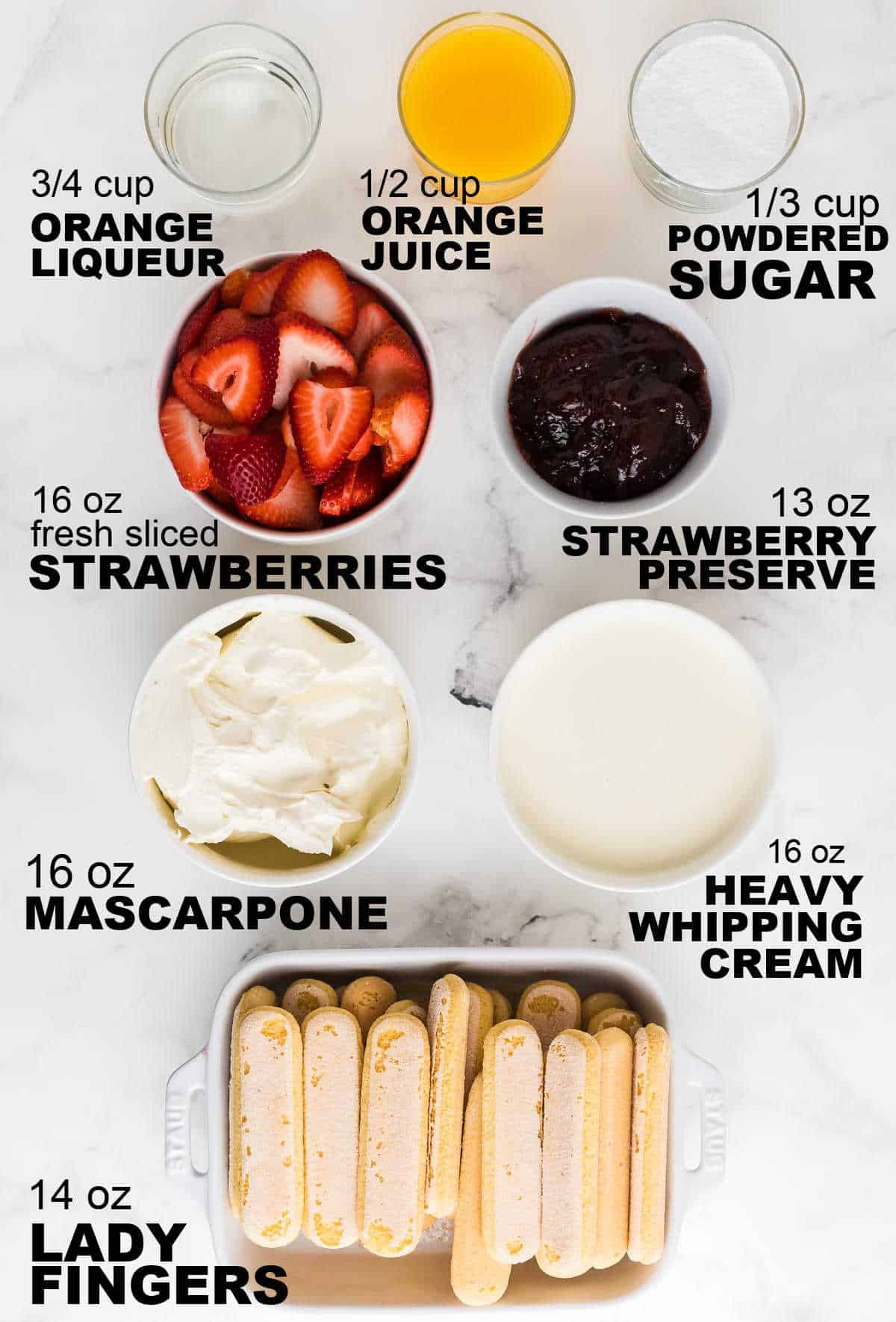 Ingredients needed to make no bake Strawberry Tiramisu.