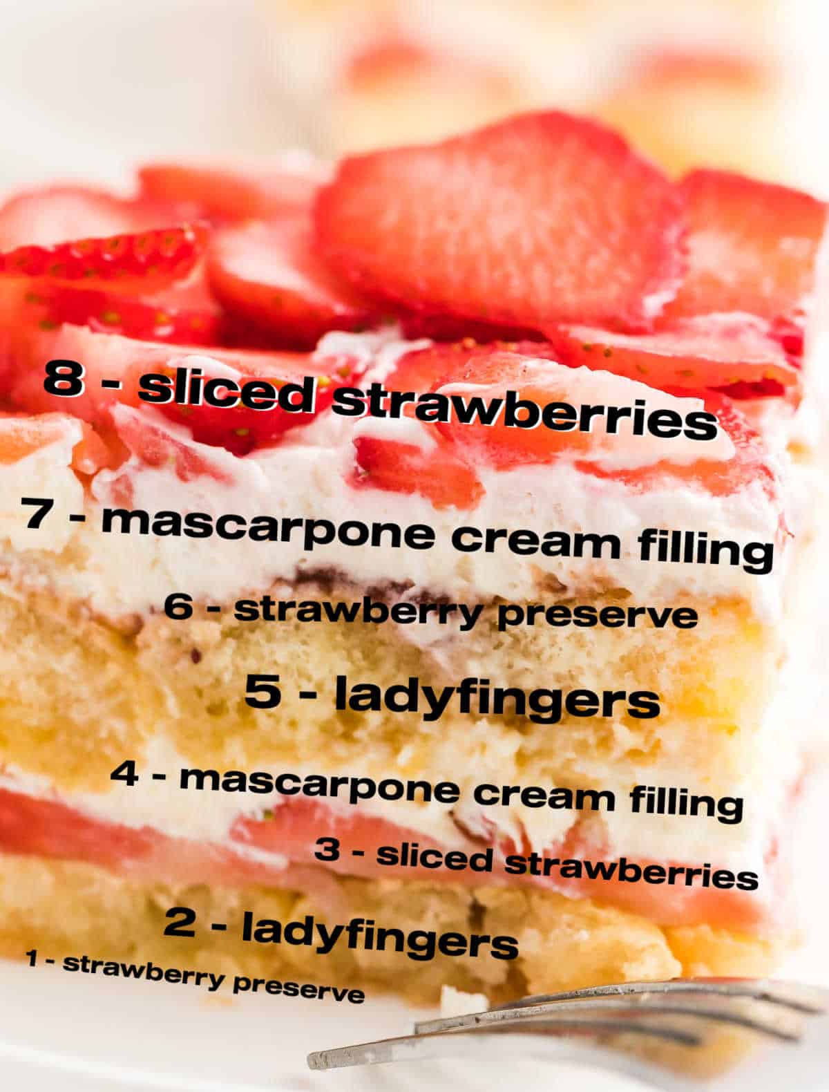 labeled layers showing the order of how to assemble a strawberry tiramisu