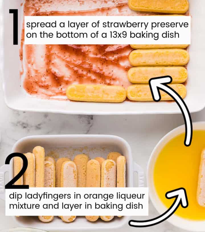 image showing how to spread the strawberry preserve and how to add a layer of dipped ladyfingers