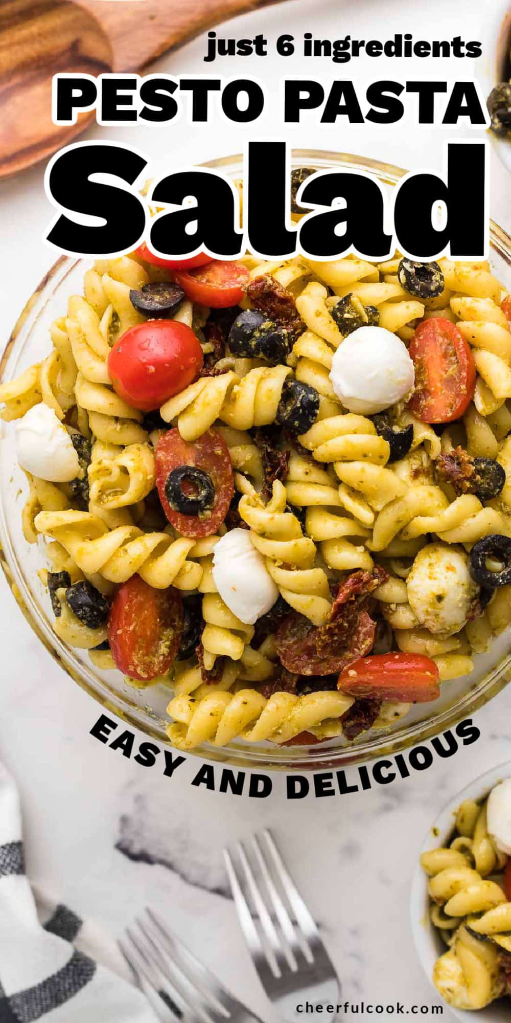 This Pesto Pasta salad is one of my favorite summer pasta salads. It's easy to make, full of rich pesto flavors, juicy tomatoes, tender mozzarella, and olives, and my secret weapon sun-dried tomatoes. You'll need just 6 super simple ingredients. And it's typically the most popular salad at any party, picnic, or potluck. #cheerfulcook #pestopastasalad #sundriedtomatoes #pesto #recipe #easy #picnics via @cheerfulcook