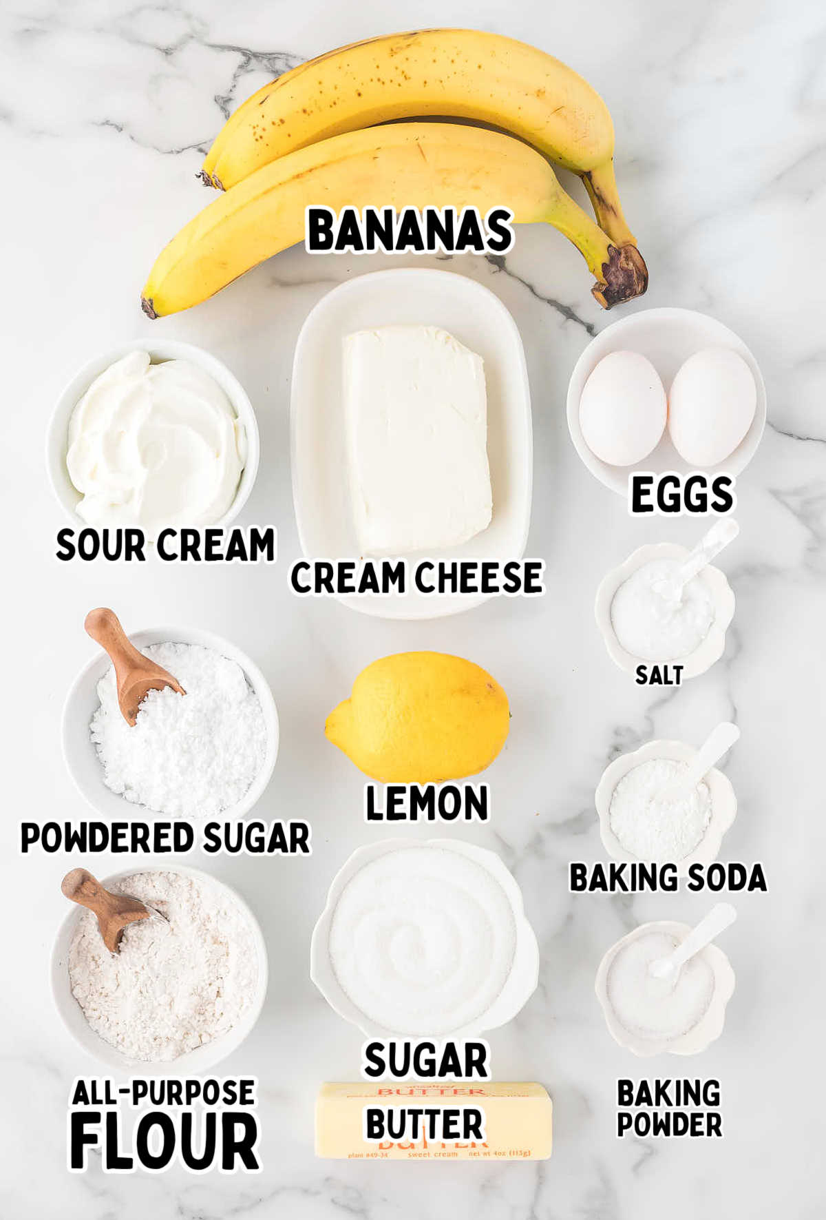 Ingredients needed to make Banana Cake with Cream Cheese frosting.