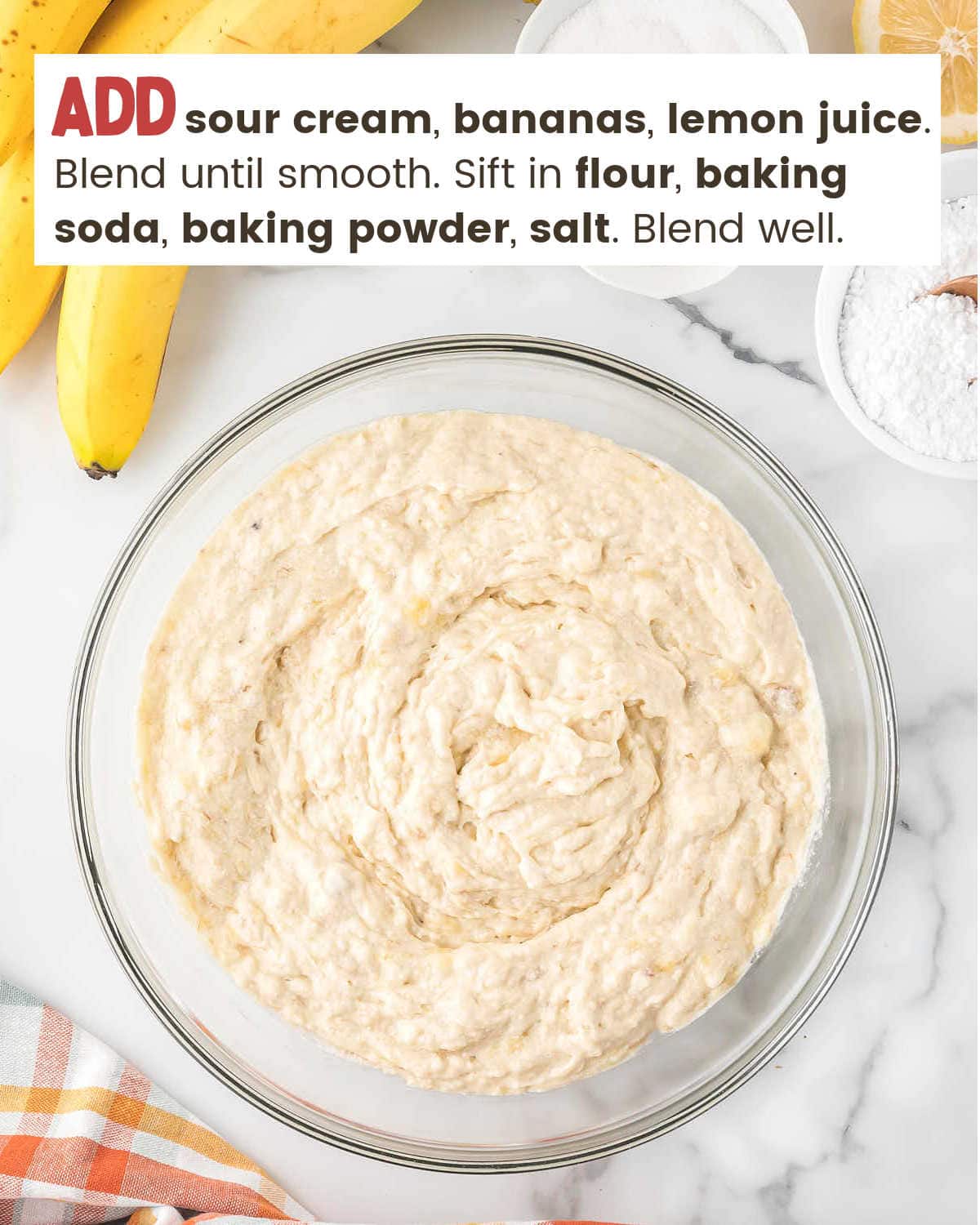 Mixing Banana Cake ingredients in a clear glass bowl.