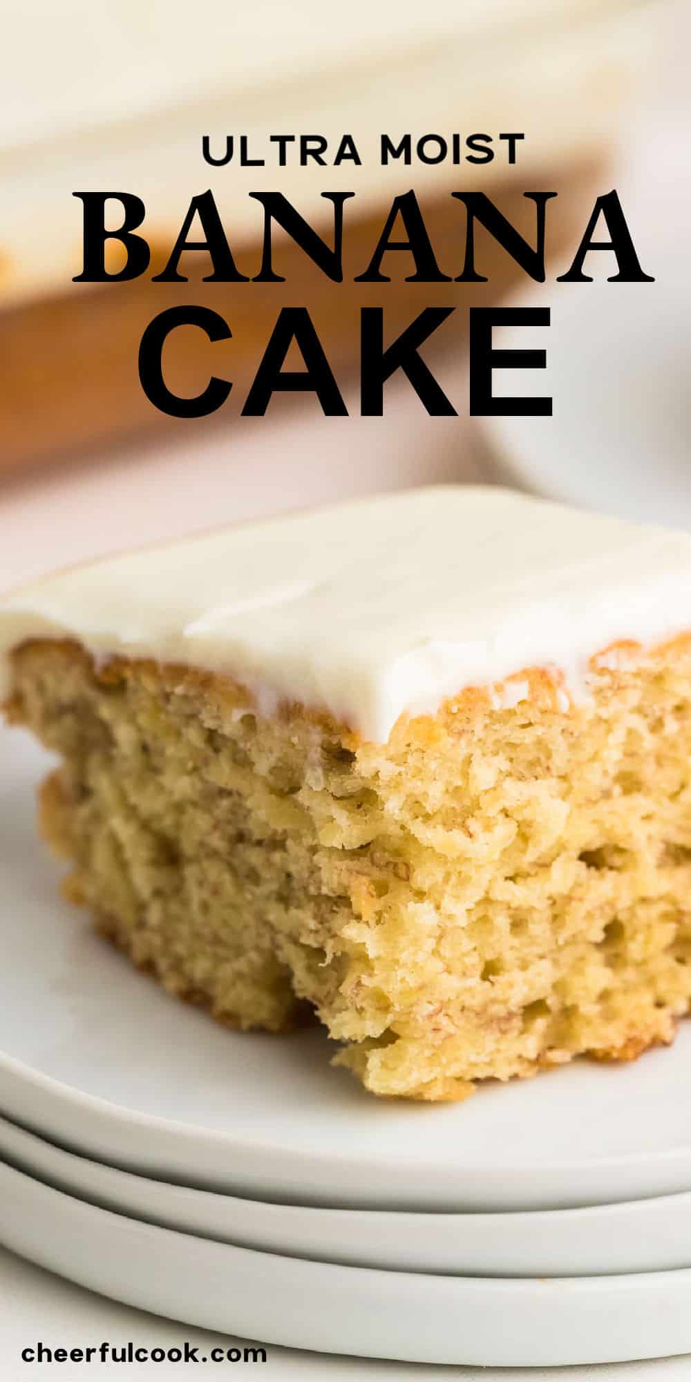 Meet your next go-to recipe for ripe bananas. This ultra moist, homemade Frosted Banana Cake is tasty and easy to make. #cheerfulcook #bananacake #dessert #recipe #easy via @cheerfulcook