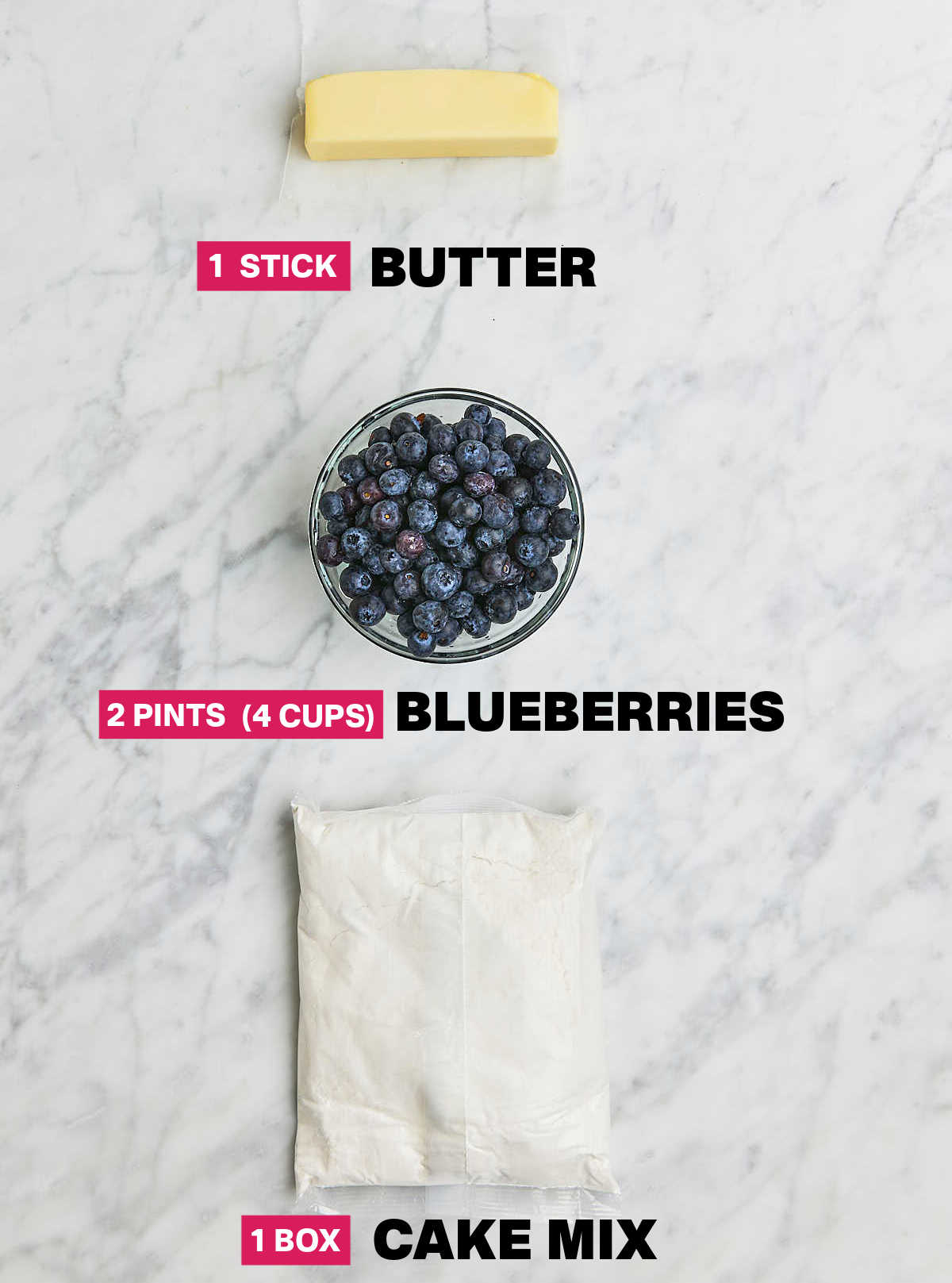 Ingredients needed to make a Blueberry Dump Cake.