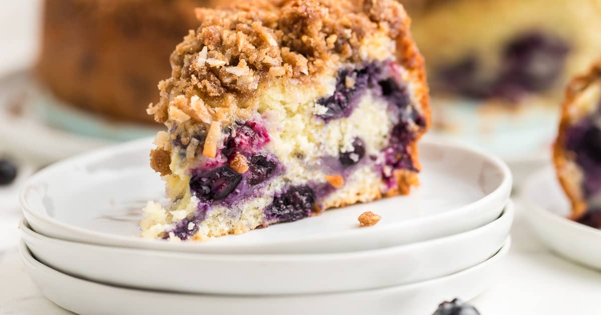 closeup of a slice of freshly baked blueberry coffee cake